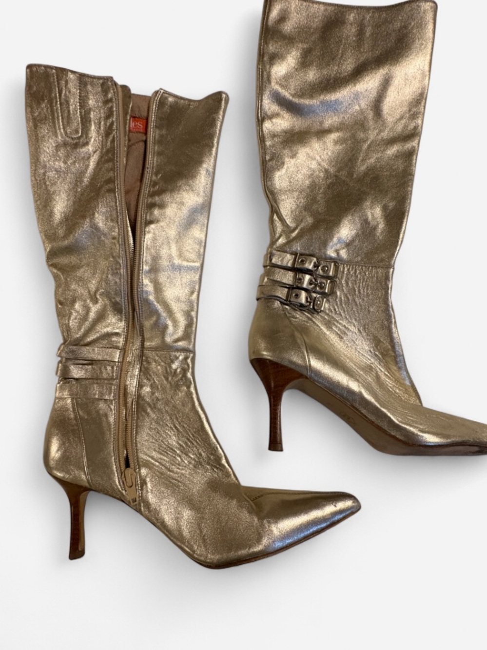 Charles David Metallic Gold Mid-Calf Pointed-Toe Kitten Heel Boots